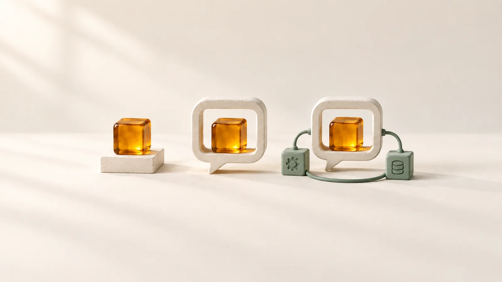 AI-generated editorial illustration: three amber cubes show a model alone, inside a conversation frame, and connected to a loop of tool blocks.