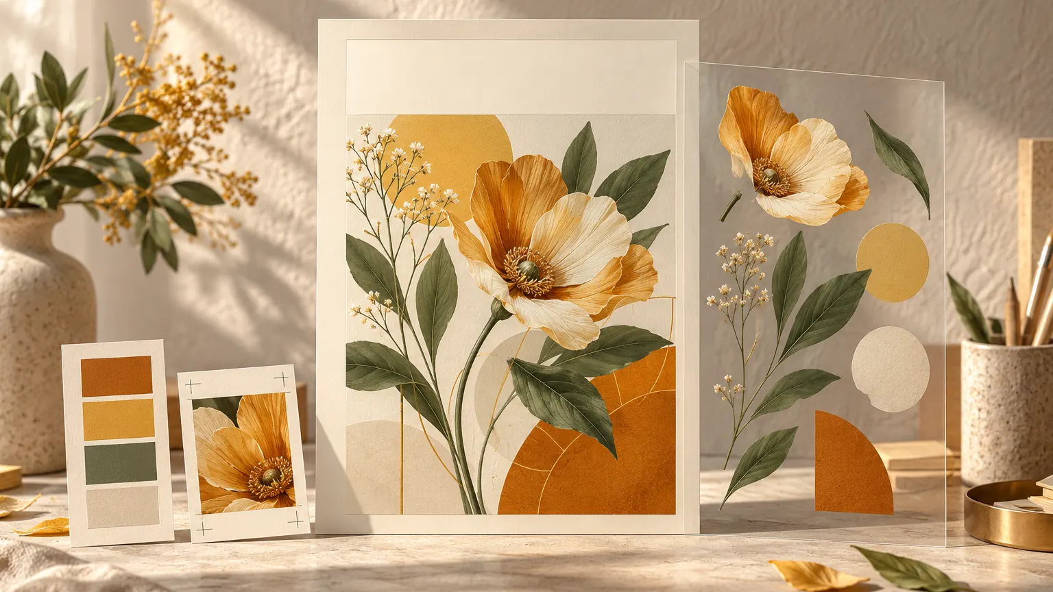 AI-generated editorial still life: A blank botanical poster with separate transparent artwork layer and palette swatches.