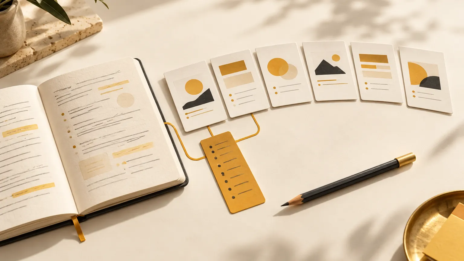 AI-generated editorial still life: A source notebook connected by an amber ledger strip to six presentation cards.