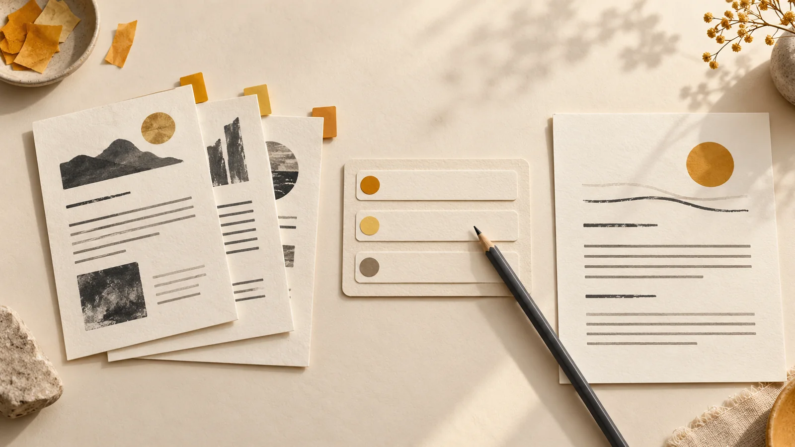 AI-generated editorial still life: three report sheets beside a claim ledger, pencil and draft page.