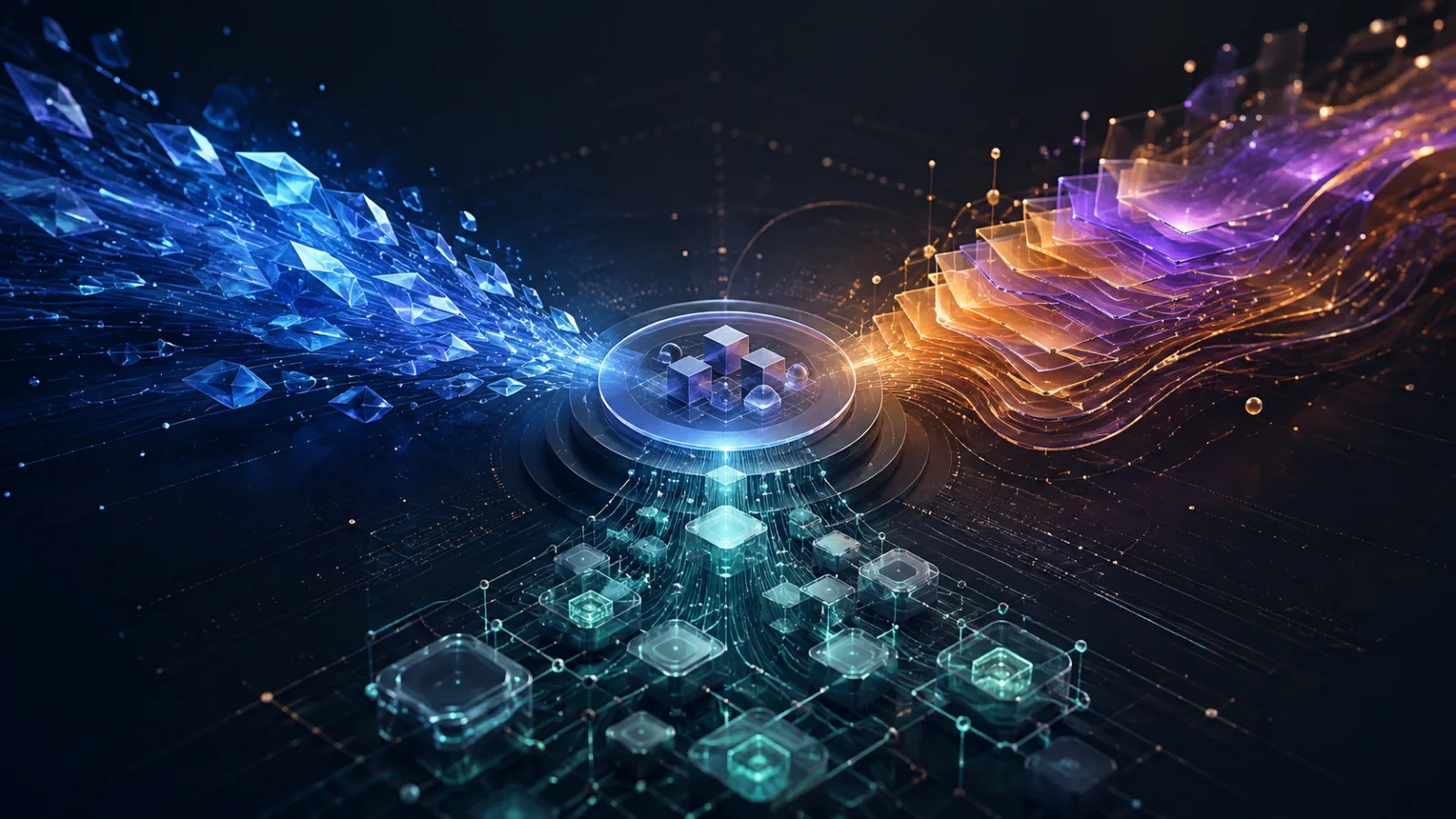 Abstract editorial illustration of three luminous computational systems converging on a shared agent workspace