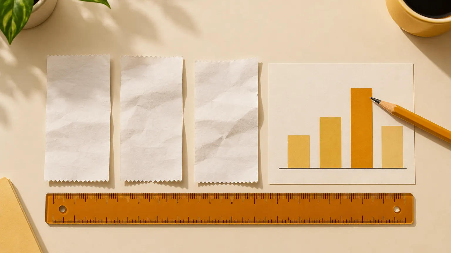 AI-generated editorial still life: Three blank receipt slips and a bar-chart card beside an amber ruler and pencil.