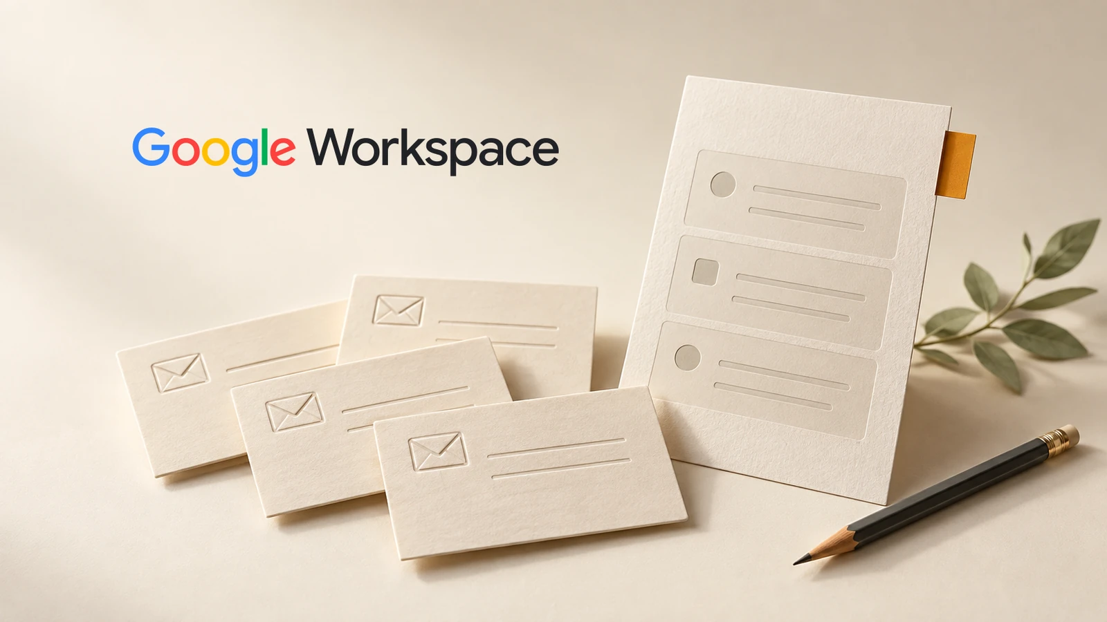 AI-generated editorial illustration: four paper message cards arranged beside a structured draft and pencil, with the official Google Workspace wordmark.
