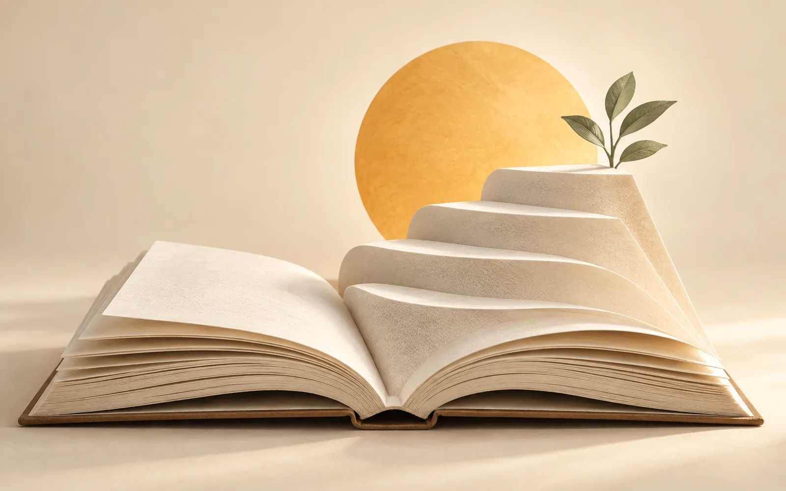 An open ivory book forms gentle steps toward a small green plant and an amber sun.
