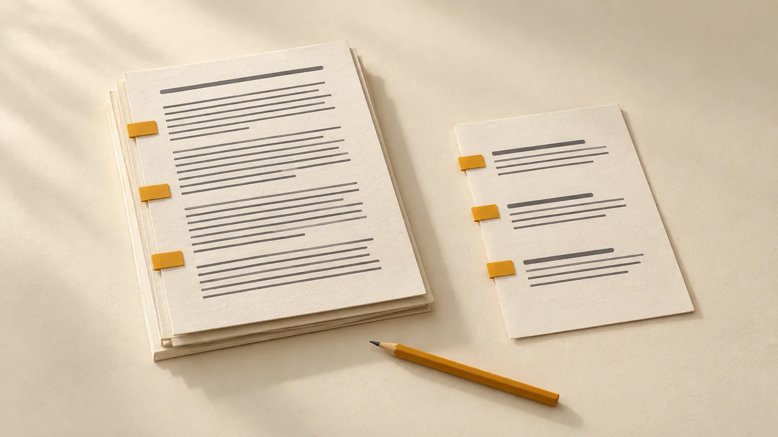 AI-generated editorial illustration: a longer report and a shorter summary share three amber evidence tabs beside a pencil.