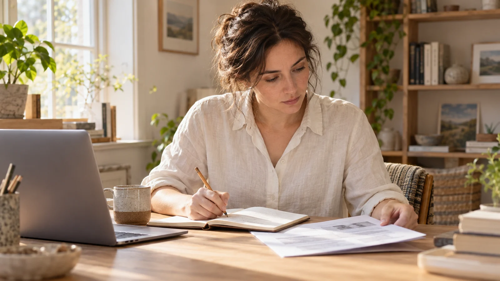 AI-generated editorial illustration: a learner compares a printed source with notebook notes beside a laptop in warm window light.